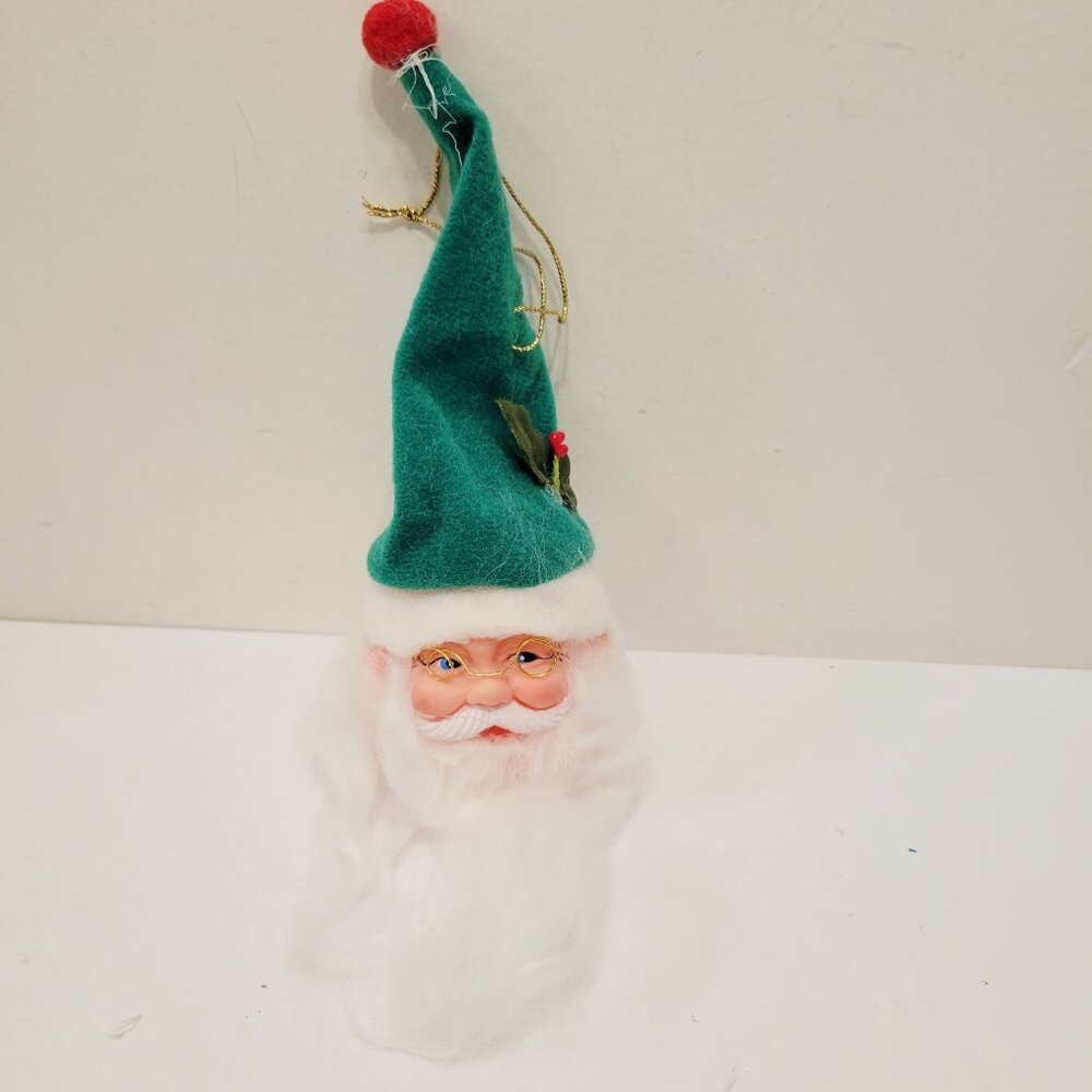 Vtg Santa Clause Rubber Face Green Hat With Glasses Holiday Christmas Ornament